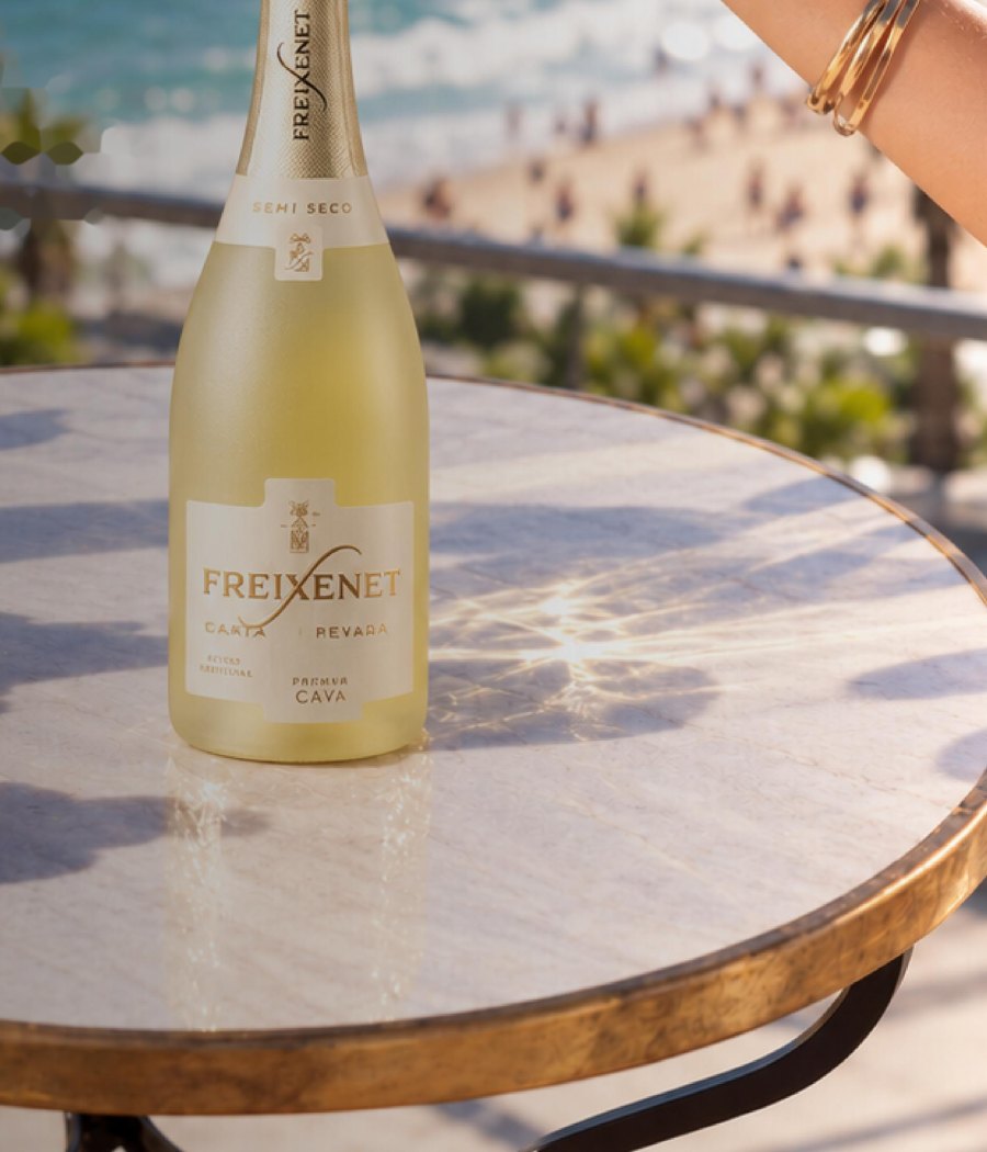 Mesa frente al mar con una botella de Freixenet